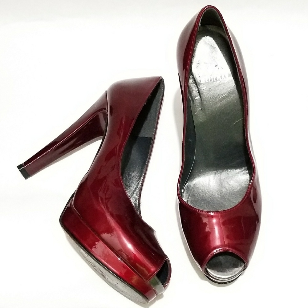Stuart Weitzman Patent Leather Peep-Toe Burgundy - Picture 1 of 6